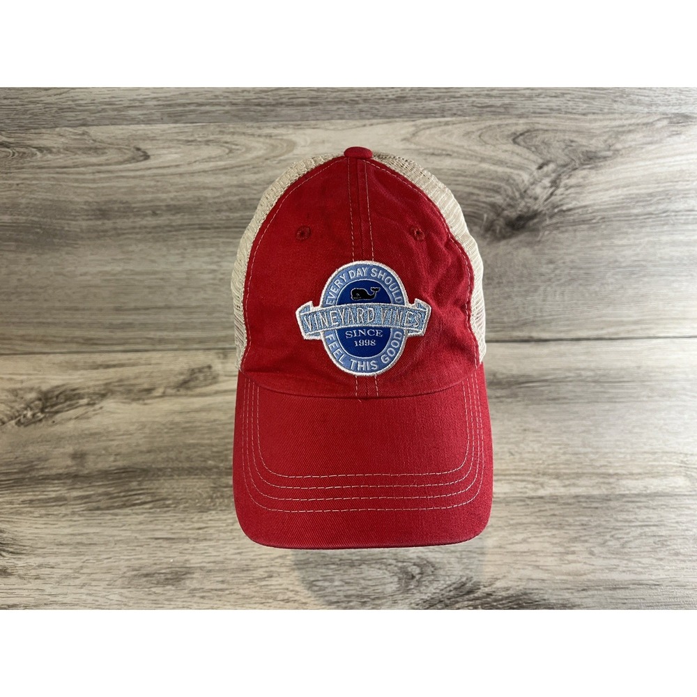 Vineyard Vines Strapback Hat Cap Mesh Embroidered Red Beige Adjustable One Size